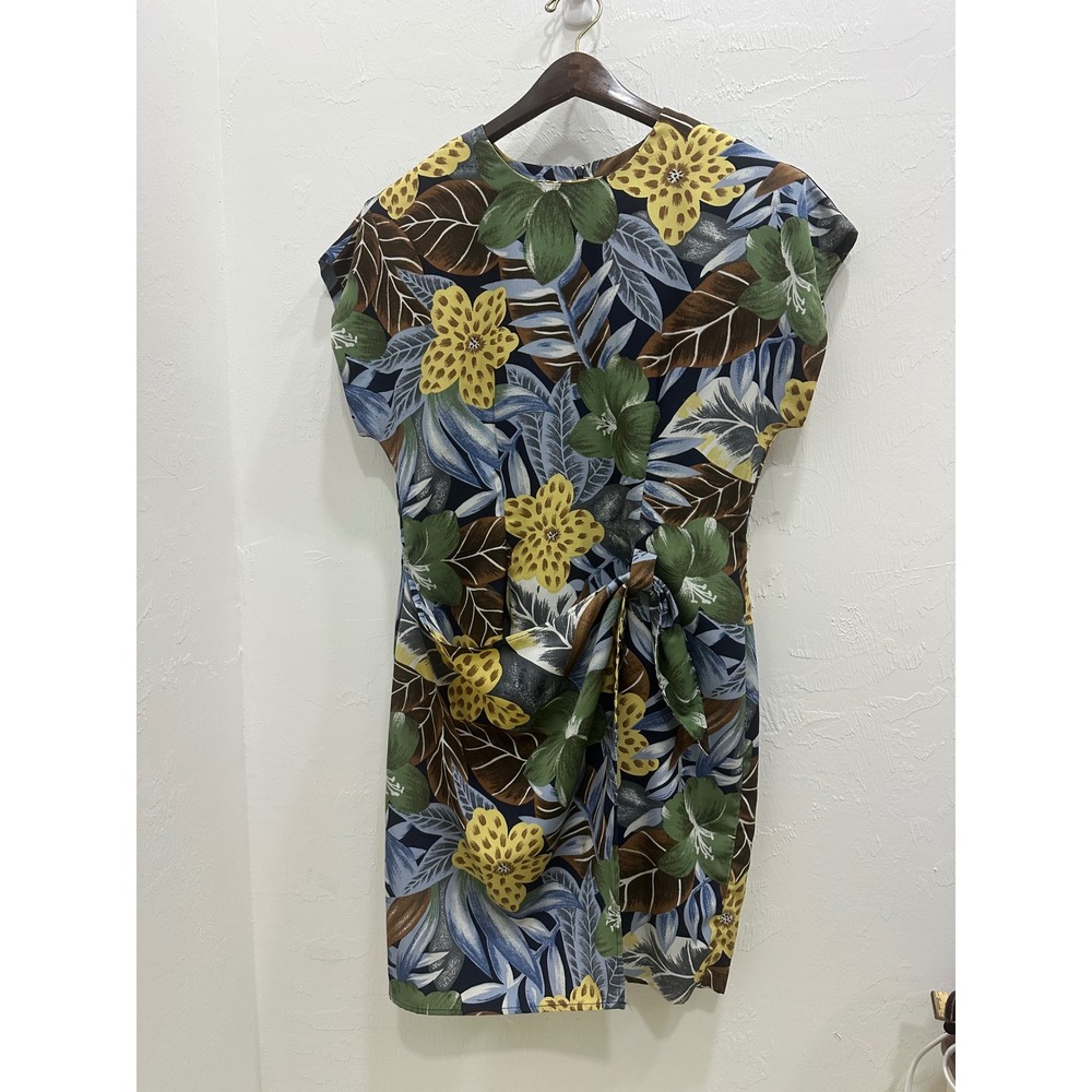 DJI Vintage Tropical Floral Sheath Dress Faux Wrap Side Tie Cap Sleeve 11/12